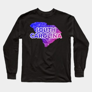 Colorful mandala art map of South Carolina with text in blue and violet Long Sleeve T-Shirt